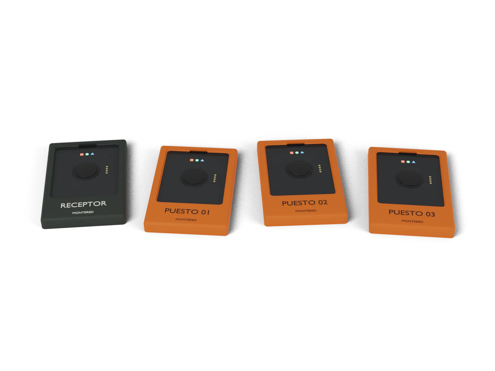 Prototype driven-hunt kit: graphite receiver and three numbered orange stand units
