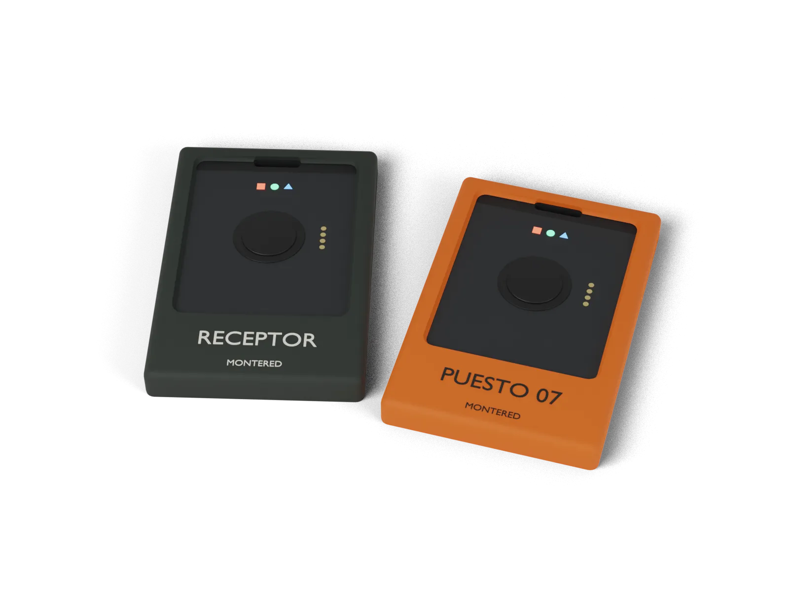 Graphite pocket case labelled RECEPTOR and orange case labelled PUESTO 07