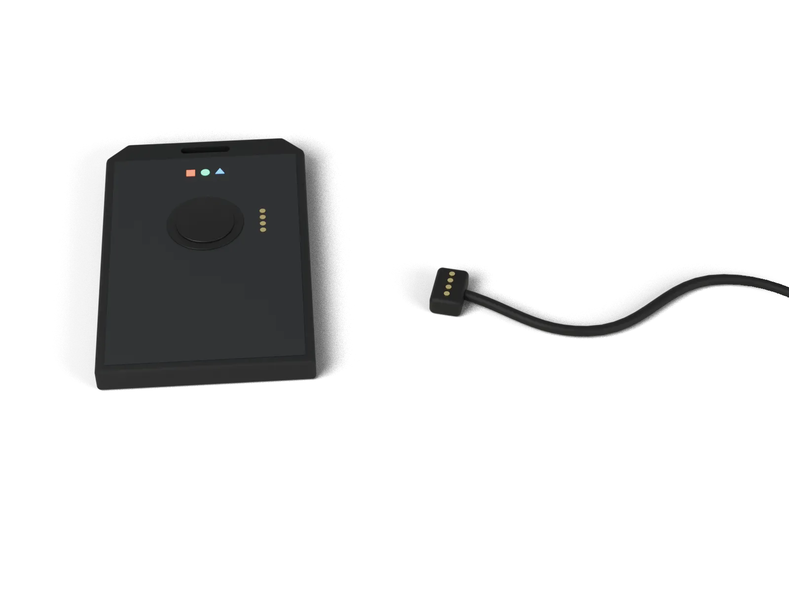 Card-sized device with a central button and its magnetic charging cable